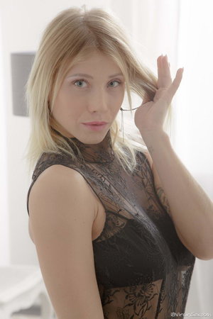 18 year old beauty Kaci Starr stripping off satin bra and panty set